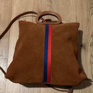 Clare V Brown Suede Backpack with Red and Blue Stripe